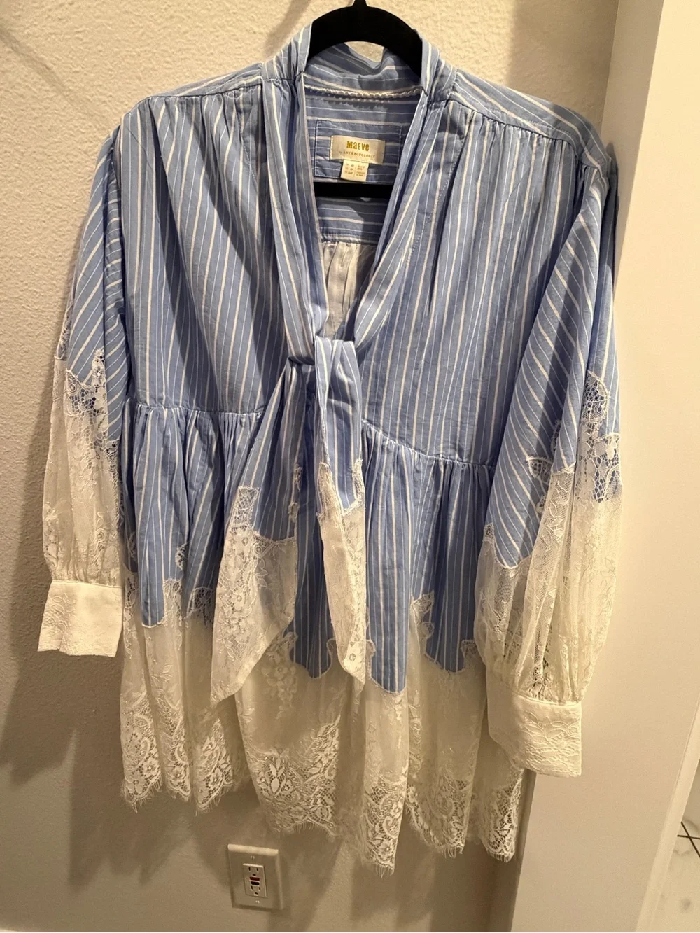 Like New Anthropologie Maeve Blue Striped V-Neck Lace-Trim Mini Shirt Dress 2P